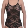 All-over lace bodysuit with spaghetti straps and thong back, a spare sleeveless line under fitted clothing.