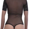All-over lace-and-mesh bodysuit with thong cut that holds a clean line under fitted clothing.