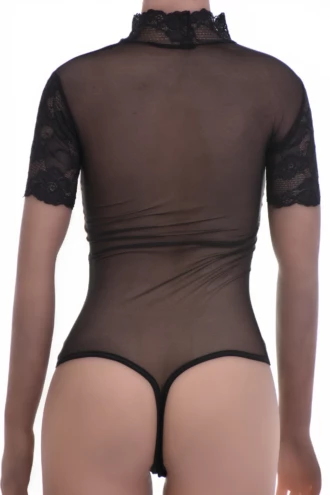 All-over lace-and-mesh bodysuit with thong cut that holds a clean line under fitted clothing.