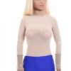 Long-sleeve beige mesh-and-lace bodysuit by Tiara Galiano, an easy neutral under an open shirt.