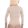 Fine beige mesh bodysuit with delicate lace edging, sheer and light against the skin, thong back.