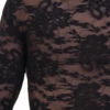 Black all-lace bodysuit with long sleeves and thong back, a relaxed shirt-style piece built to be seen.