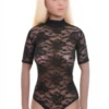 Women's black all-lace bodysuit with a mock neckline, short sleeves and a thong cut in fine floral lace.