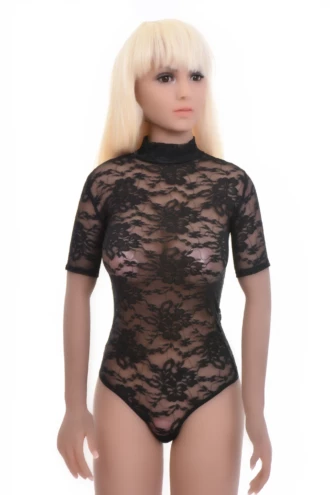 Women's black all-lace bodysuit with a mock neckline, short sleeves and a thong cut in fine floral lace.