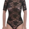 Black all-lace bodysuit by Tiara Galiano with mock neck and short sleeves, a decorative occasion piece.