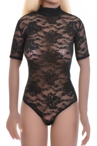 Black all-lace bodysuit by Tiara Galiano with mock neck and short sleeves, a decorative occasion piece.