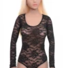 Women's black all-lace bodysuit with a scoop neckline, long sleeves and a thong cut in a shirt-style shape.