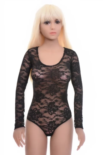 Women's black all-lace bodysuit with a scoop neckline, long sleeves and a thong cut in a shirt-style shape.