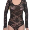 Black all-lace bodysuit by Tiara Galiano with scoop neck and long sleeves, a statement layer built to be seen.
