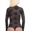All-over black lace bodysuit by Tiara Galiano with covered arms and open scoop neck, a statement layer.