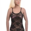 Women's black all-lace bodysuit on fine spaghetti straps with a scoop neck and thong cut.