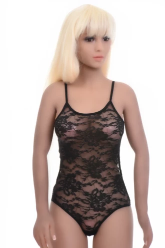 Women's black all-lace bodysuit on fine spaghetti straps with a scoop neck and thong cut.