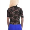 Semi-sheer black floral lace bodysuit with hook-and-eye closure, dressier and made to be seen.
