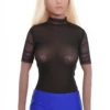 Black lace bodysuit with a covered mock neckline and short sleeves, worn under an open shirt or alone.