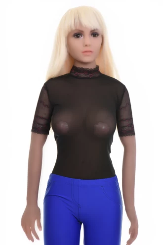 Black lace bodysuit with a covered mock neckline and short sleeves, worn under an open shirt or alone.