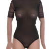 Black lace bodysuit with mock neck, short sleeves and thong cut over a sheer mesh base.