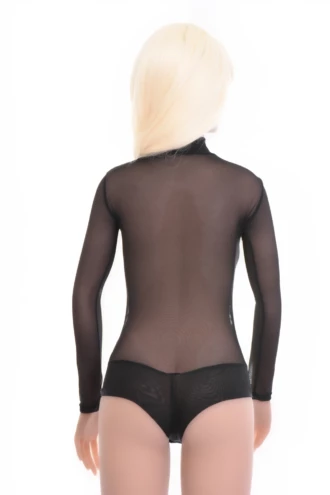 Fine semi-sheer black mesh bodysuit with brazilian back, close for a smooth line under fitted clothing.