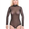 Women's black mesh bodysuit with a mock neckline, long sleeves and a brazilian cut in fine semi-sheer mesh.