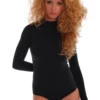 Women's black wool-blend bodysuit with a mock neckline, long sleeves and a bikini cut, a warm base layer.