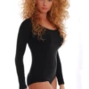Women's black wool-blend bodysuit with a scoop neckline, long sleeves and a bikini cut.