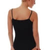 Women's black wool-blend bodysuit with a scoop neckline, spaghetti straps and a bikini cut, a warm base layer.