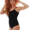 Women's black wool-blend bodysuit with a scoop neckline, spaghetti straps and a thong cut.