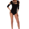 Blouse-style scoop-neck cotton bodysuit by Tiara Galiano, a pared-back layer under a blazer or knit.