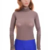 Long-sleeve cappuccino mesh-and-lace bodysuit by Tiara Galiano, a warm neutral under an open shirt.