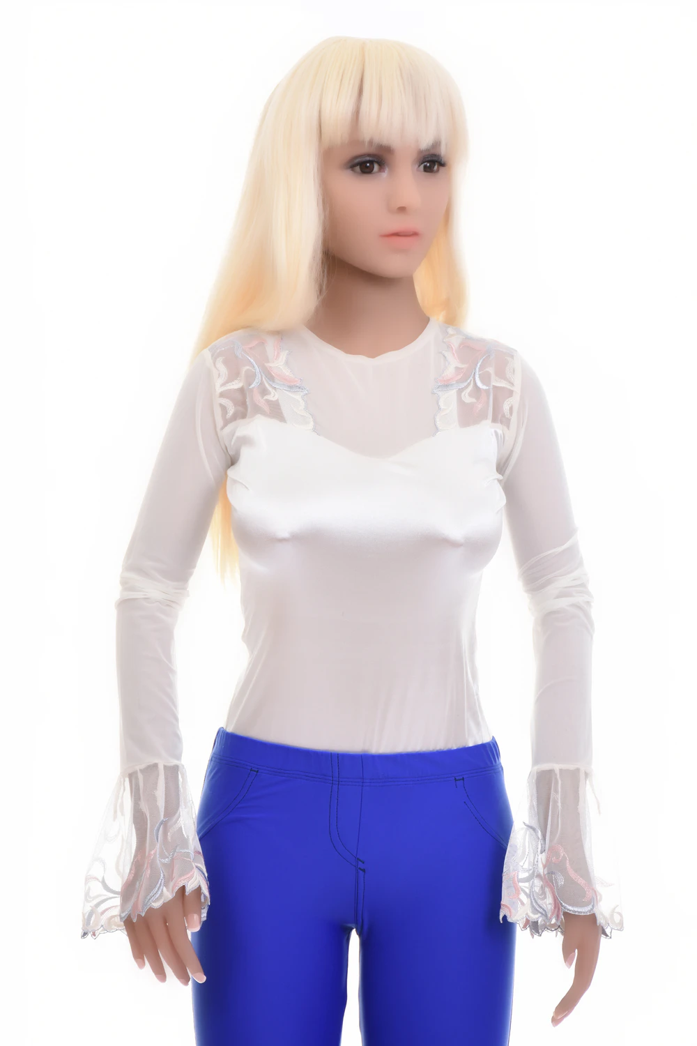 Champagne satin bodysuit with mesh sleeves and hook-and-eye fastening, a warm dressy neutral layer.