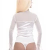 Champagne satin bodysuit with sheer mesh sleeves and embroidered lace cuffs, a dressy occasion layer.