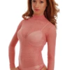 Coral all-lace bodysuit with mock neck, long sleeves and thong cut for a clean line under clothing.