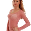 Women's coral all-lace bodysuit with a scoop neckline and long sleeves in a relaxed shirt-style shape.