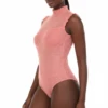 Women's coral cotton bodysuit with lace trim, a mock neckline and sleeveless polo-style cut.