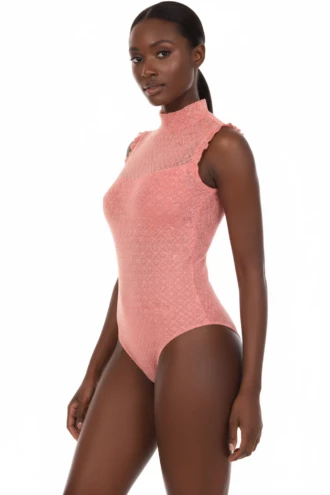 Women's coral cotton bodysuit with lace trim, a mock neckline and sleeveless polo-style cut.