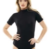 Cotton-blend bodysuit with short sleeves in a close polo cut, a tidy top for transitional weather.