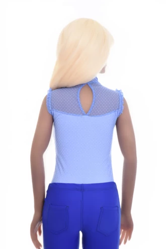Sleeveless cotton-blend bodysuit with a polo-style mock neck and decorative lace finish.