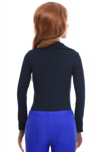 Cotton-blend bodysuit with V-neck and brazilian back, a smooth polished base under a blazer.