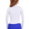 Shirt-style cotton-blend bodysuit with V-neck and long sleeves, close-fitting and breathable.