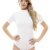 Cotton bodysuit with mock neck and bikini coverage, soft and breathable for fuller everyday cover.