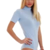 Cotton bodysuit with a higher mock neckline and short sleeves, tucked clean with a hook-and-eye gusset.