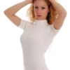 Cotton bodysuit with neat mock neck and short sleeves, tucked clean with a hook-and-eye gusset.
