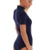 Cotton bodysuit with mock neck and short sleeves, a neat higher neckline worn as a tidy top.