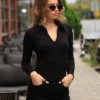 V-neck cotton bodysuit with brazilian back, breathable and smooth under fitted clothing.