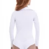 Long-sleeve cotton bodysuit with V-neck, breathable and tucked clean with a hook-and-eye gusset.