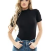 Cotton-blend mock-neck bodysuit with thong back, breathable and close for a smooth line under clothing.