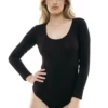 Relaxed cotton shirt bodysuit with bikini coverage, a versatile layer under an open shirt.
