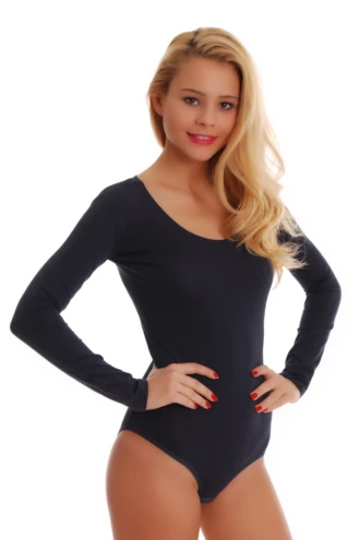 Relaxed shirt-style cotton bodysuit with long sleeves, worn on its own with jeans or trousers.