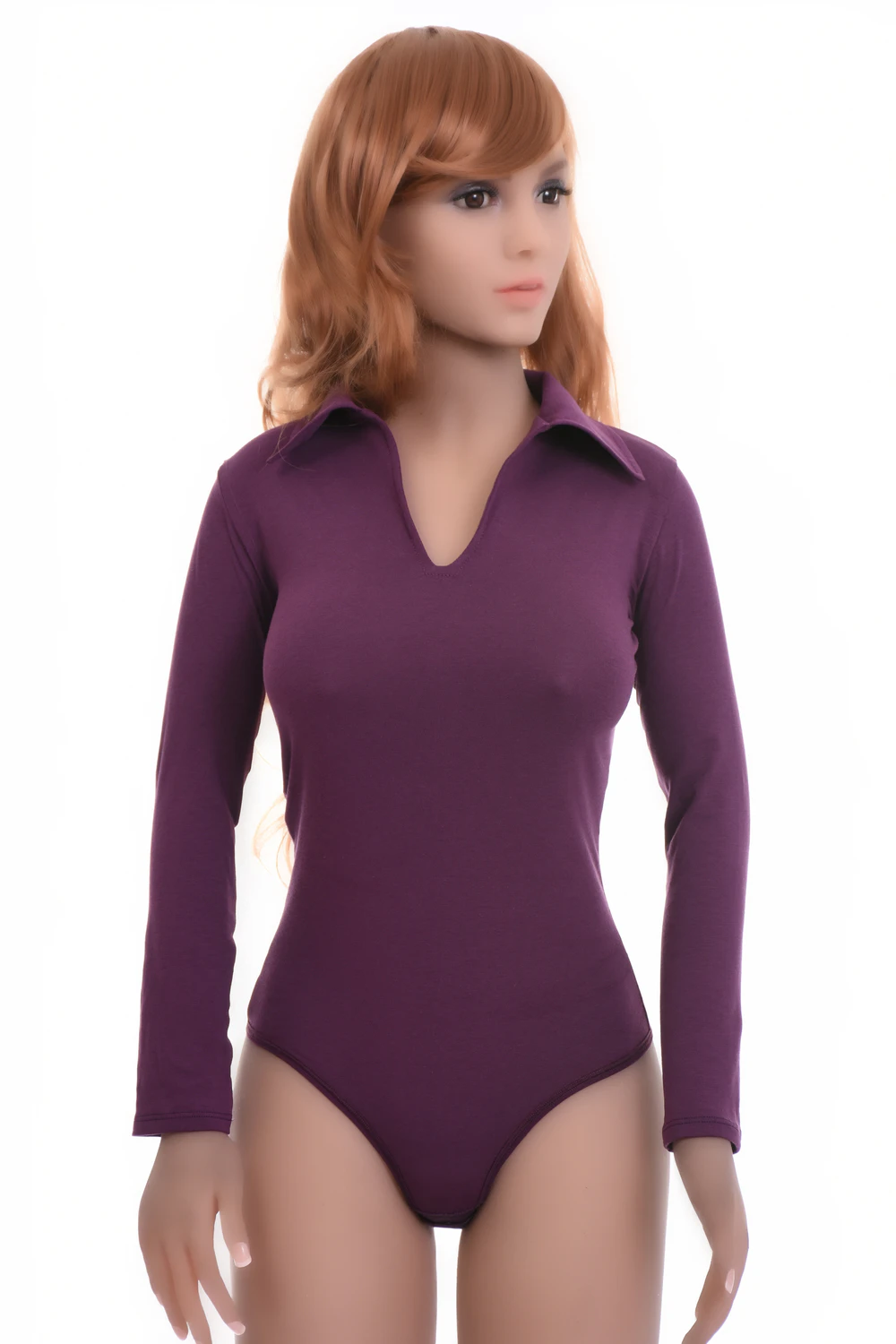 Shirt-style cotton bodysuit with long sleeves and V-neck, a clean polished layer under a blazer.