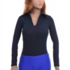 Long-sleeve cotton shirt bodysuit with V-neck, tucked neat by a hook-and-eye gusset closure.