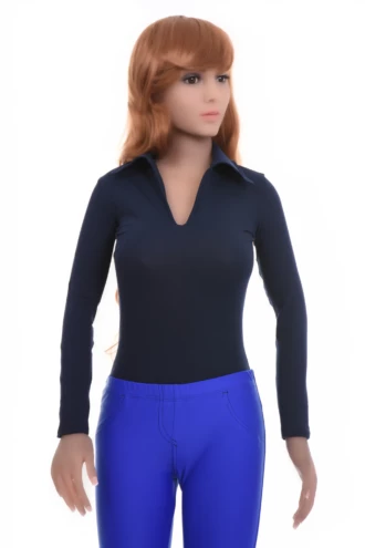 Long-sleeve cotton shirt bodysuit with V-neck, tucked neat by a hook-and-eye gusset closure.